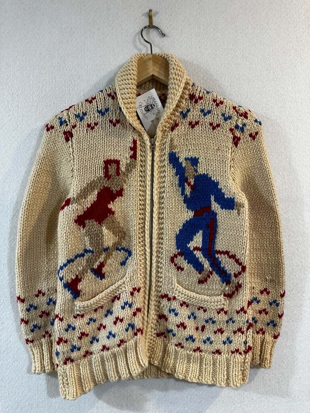 Vintage 1950s Mary Maxim 'Dancing Blades' Ice Skaters Wool Cowichan Cardigan